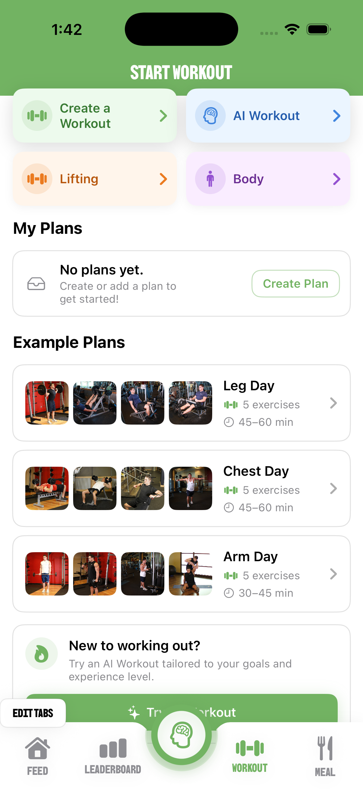 PrideAI Workout screen — Start Workout options including AI Workout, Lifting, and example plans